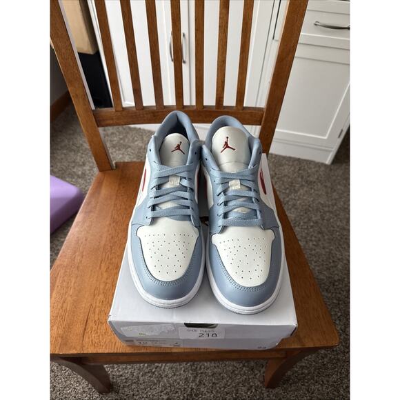 Size 12 Women's Air Jordan 1 Low Sail/Dune Red-Blue Grey-White BS084 - Picture 1 of 6